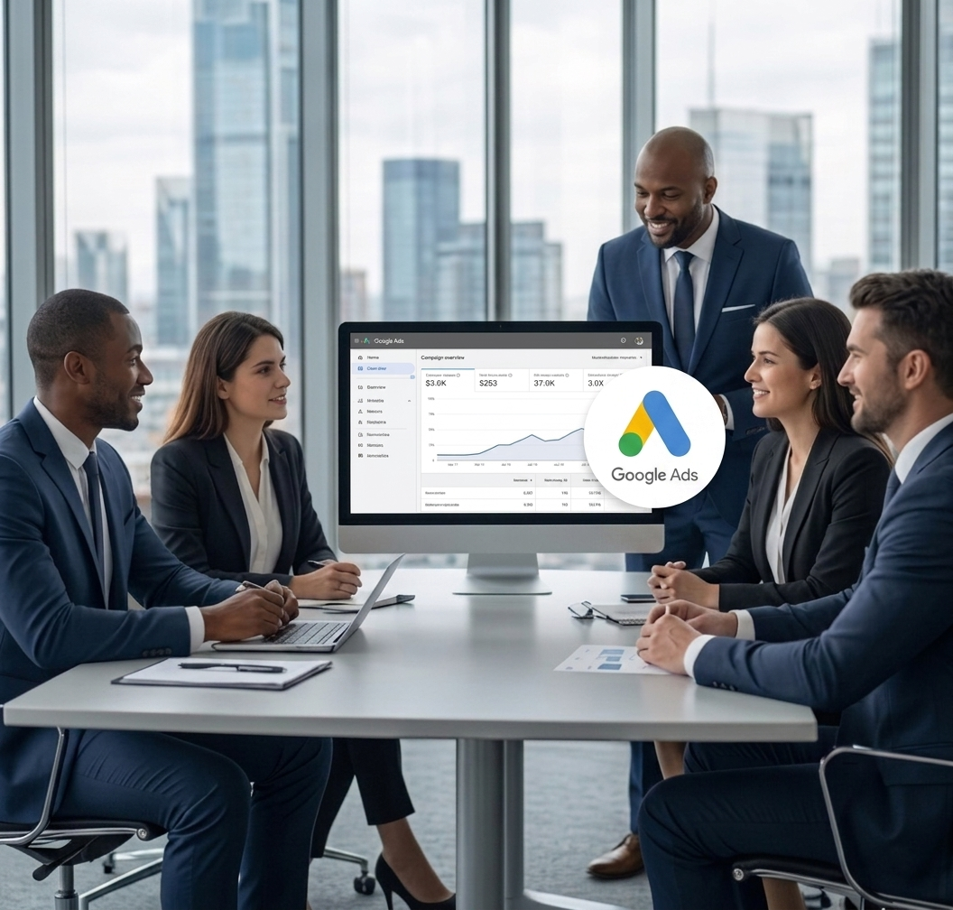 Diverse team in city office reviewing a desktop monitor displaying a Google Ads performance dashboard.